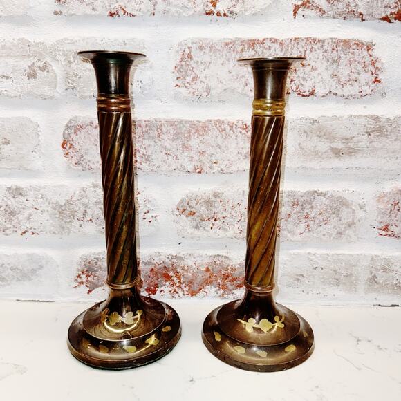 Bronze Look Pair of Candlesticks with Brass floral Bases 9” Tall - Picture 7 of 10